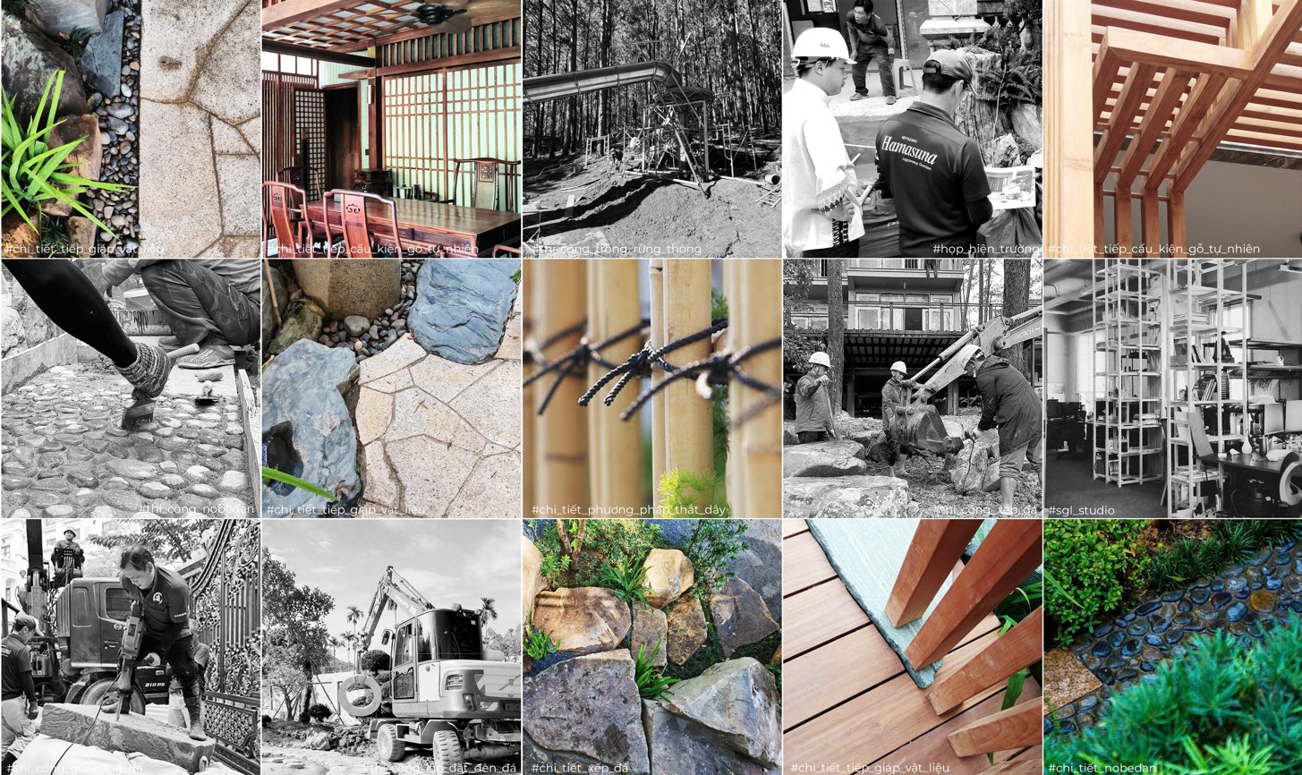 Lưới ảnh chi tiết thi công của SGL: xếp đá, nobedan, cấu kiện gỗ, thắt dây tre