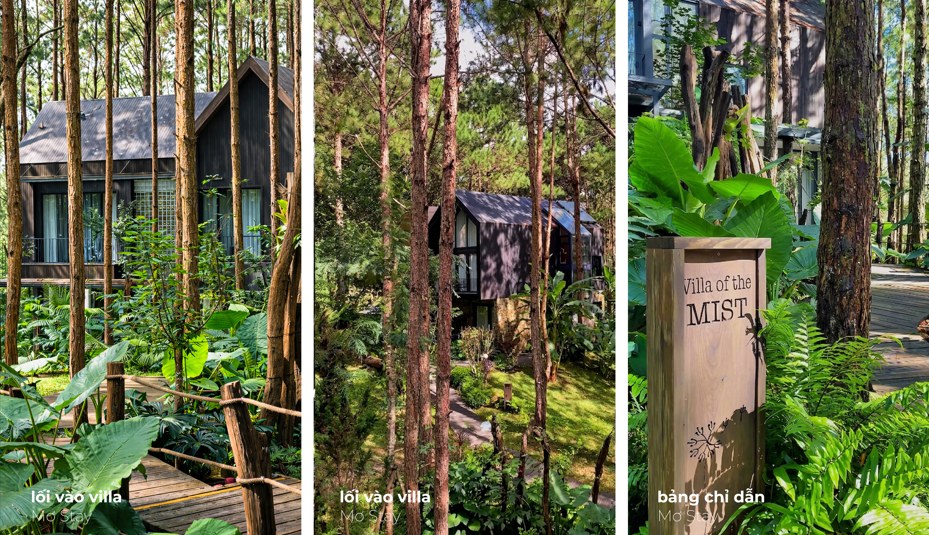 Lối gỗ vào villa và bảng chỉ dẫn Villa of the Mist tại Mơ Stay