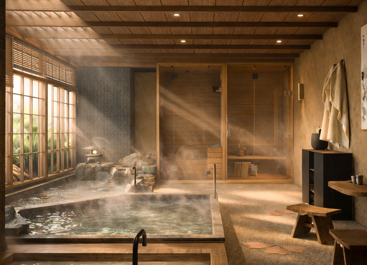 Phối cảnh khu tắm onsen kiểu Nhật do SGL thiết kế