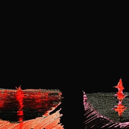 Tranh Magma: nền đen gần kín mặt giấy, phía dưới là hai vệt đỏ rực nằm ngang như dòng dung nham