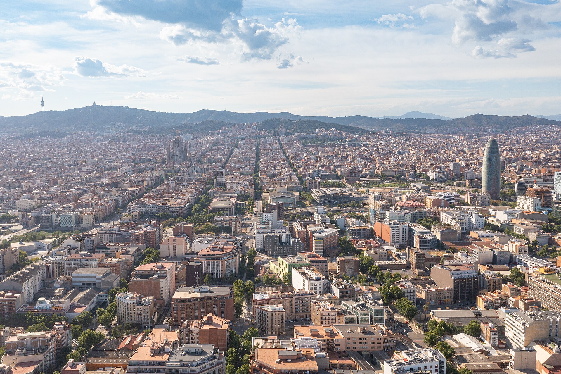 Không ảnh Barcelona với Sagrada Família nổi bật giữa lưới ô phố Eixample, xa xa là đồi Tibidabo và tháp Agbar