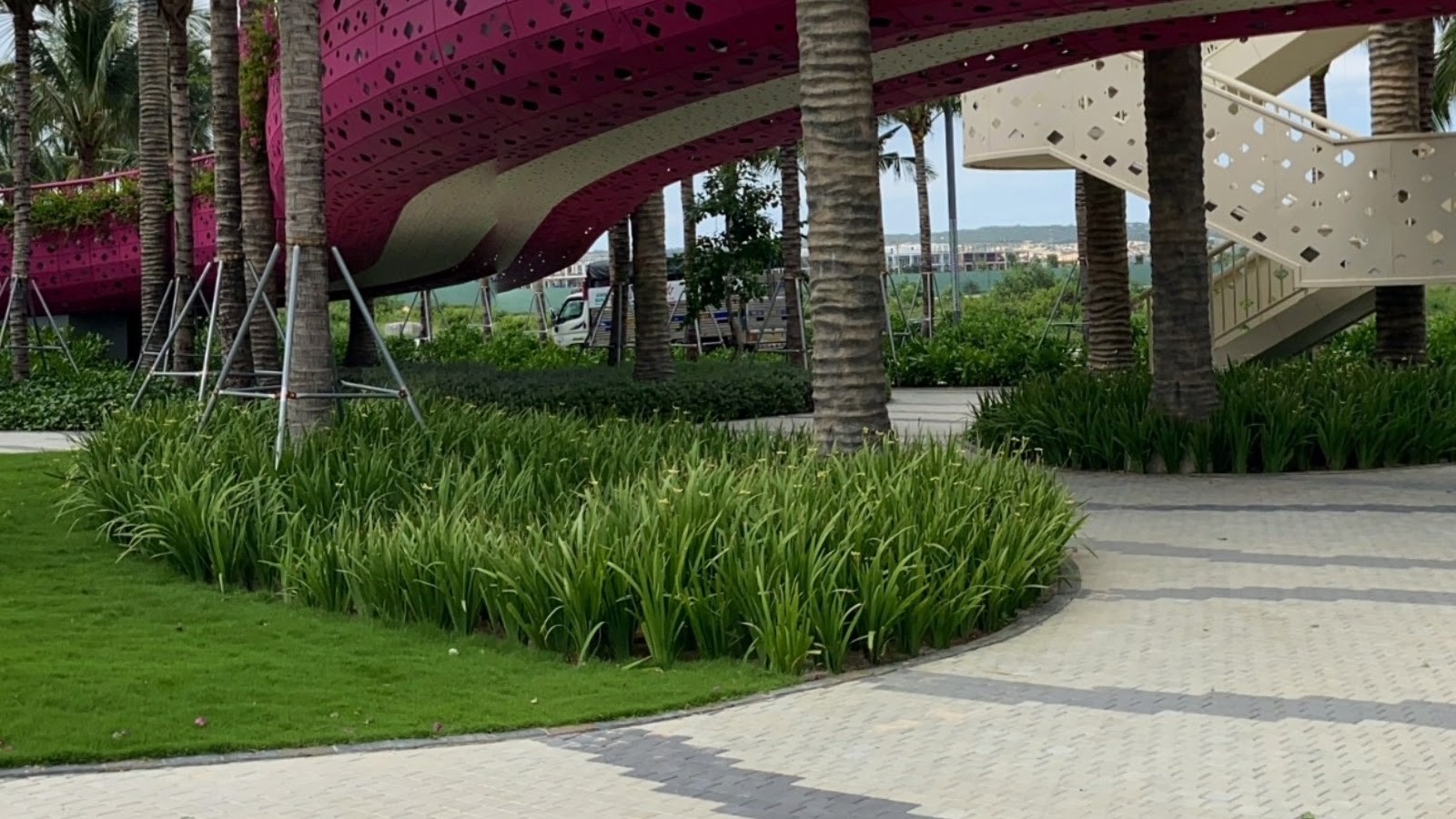 Chân các cột đỡ tuyến cầu đứng giữa luống cỏ trang trí và cây bụi, phía sau là mặt nước biển mờ ở đường chân trời
