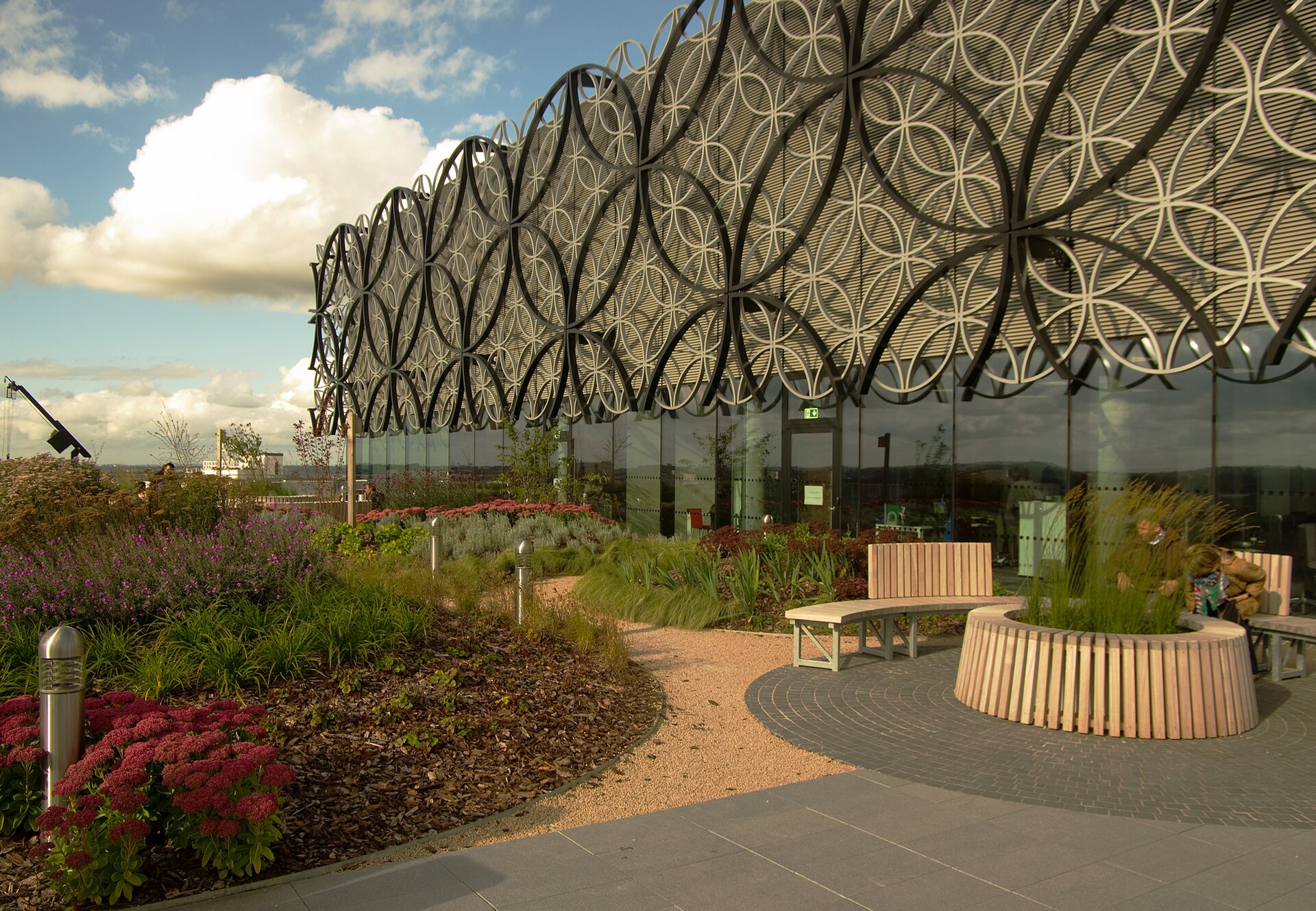 Vườn sân thượng thư viện Birmingham với cỏ trang trí, hoa sedum hồng và ghế gỗ cong dưới mặt dựng hoa văn tròn
