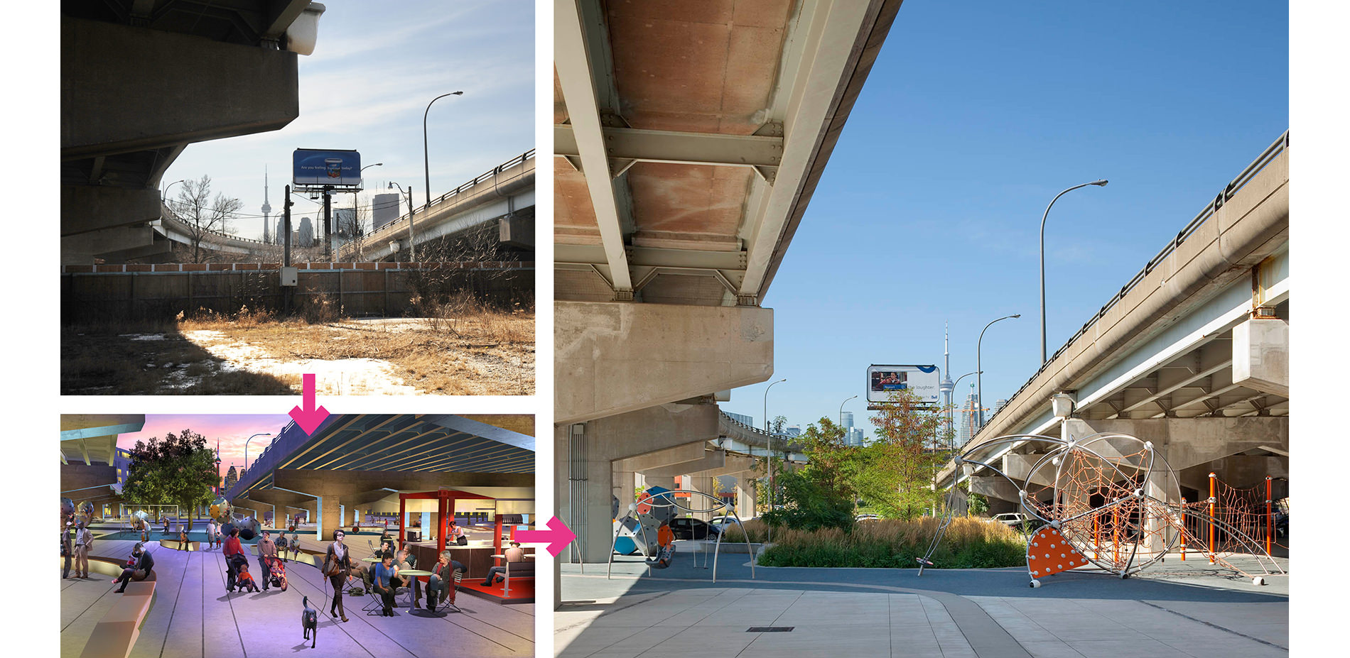 Giải thưởng thiết kế chung ASLA 2016 xuất sắc.  Underpass Park, Toronto, ON, Canada / PFS Studio với The Planning Partnership - hình ảnh dưới cùng bên trái PFS Studio hình ảnh bên phải Tom Arban