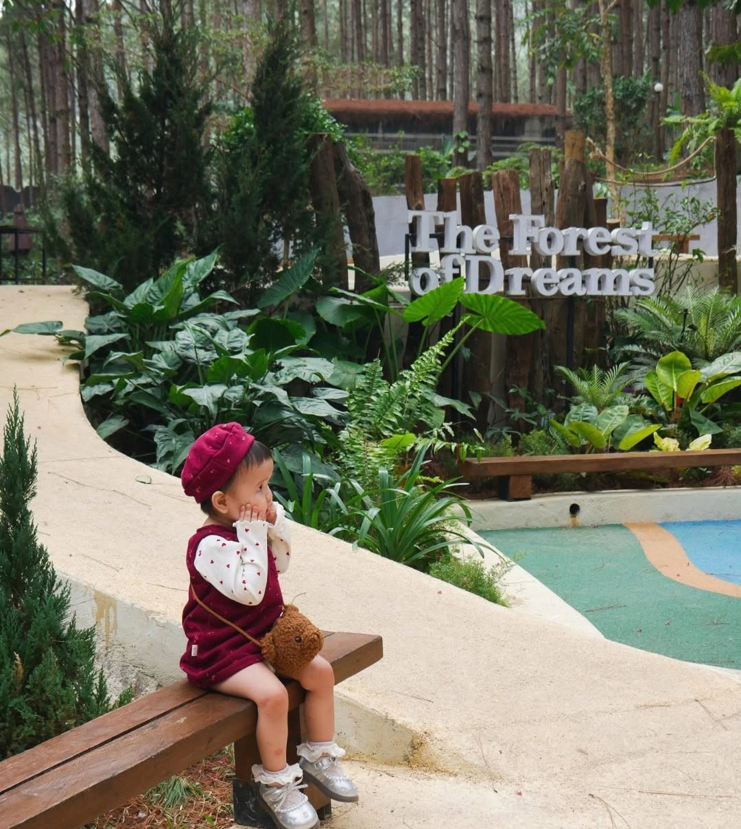 Một bé gái ngồi trên băng ghế bê tông uốn cong, phía sau là biển chữ The Forest of Dreams và mảng cây bụi