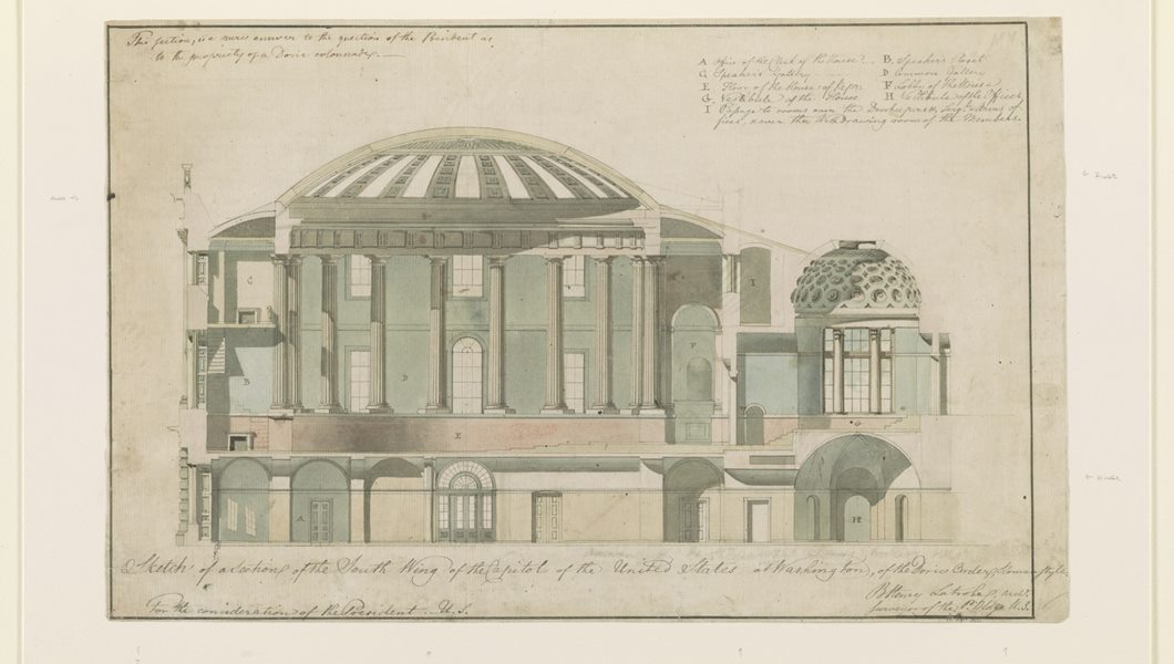 Phong cách diễn họa nét tay cho mặt cắt công trình công cộng. Bản vẽ giữ nguyên nét phác bút chì, chỉ tô mảng sáng tối ở phần sảnh kính và bậc thềm, còn cây và người đi lại vẽ tối giản để không lấn át...