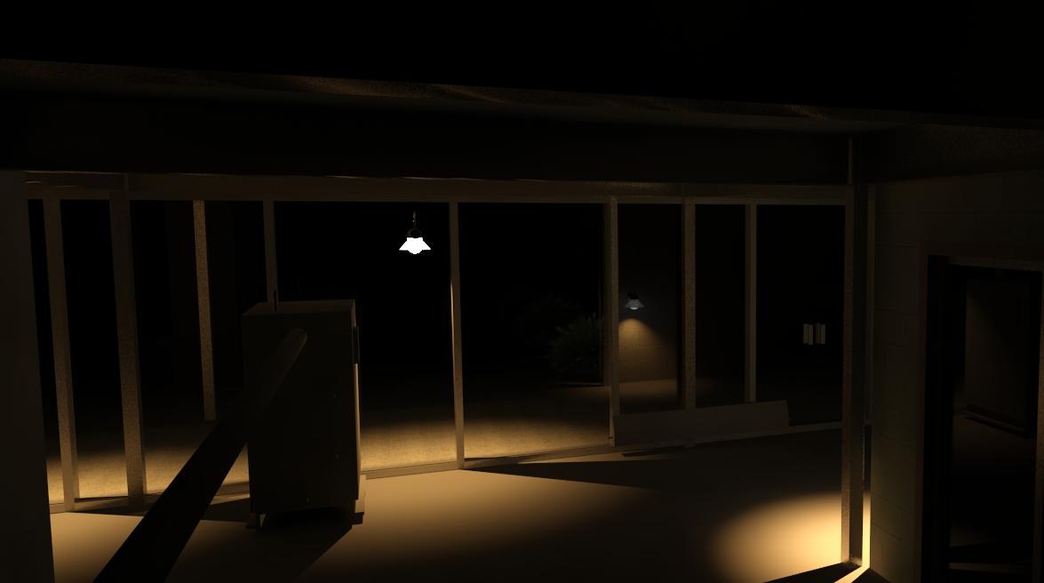 Ảnh dựng 3D một căn phòng tối, ánh sáng chiếu qua khung cửa kính lớn