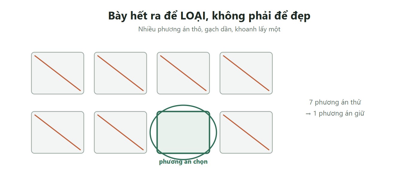 Sơ đồ nhiều phương án bị gạch, một phương án được khoanh chọn