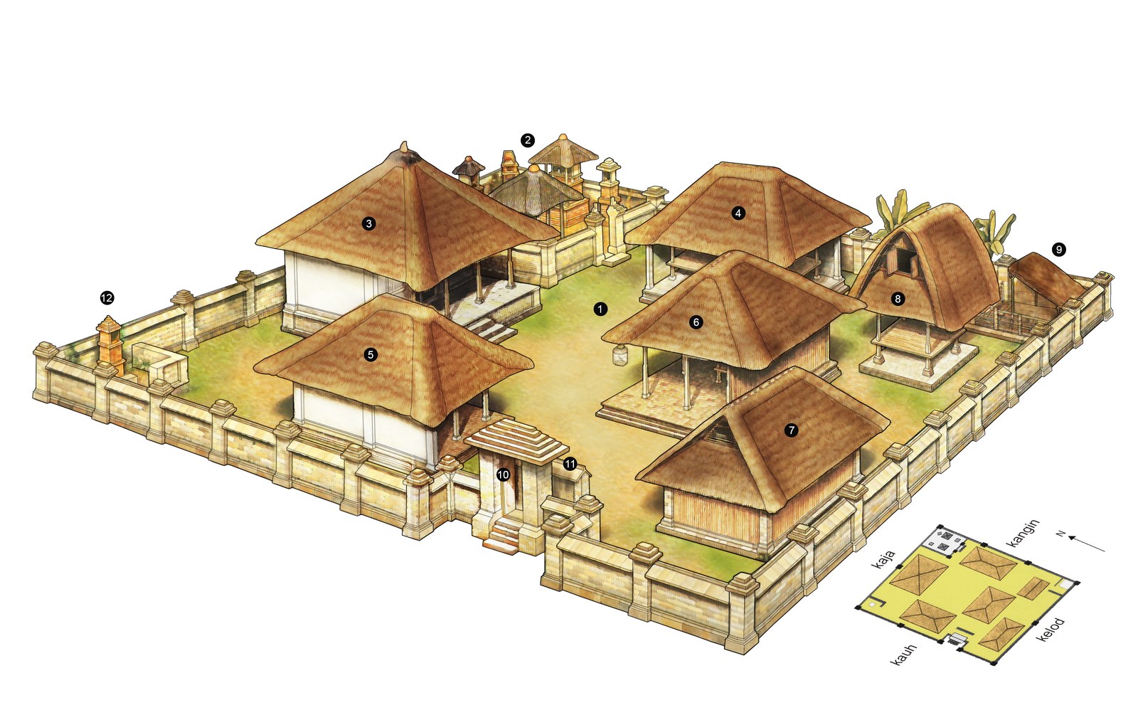Sân vườn biệt thự khí hậu nhiệt đới — Hình vẽ trục đo khu nhà truyền thống Bali: