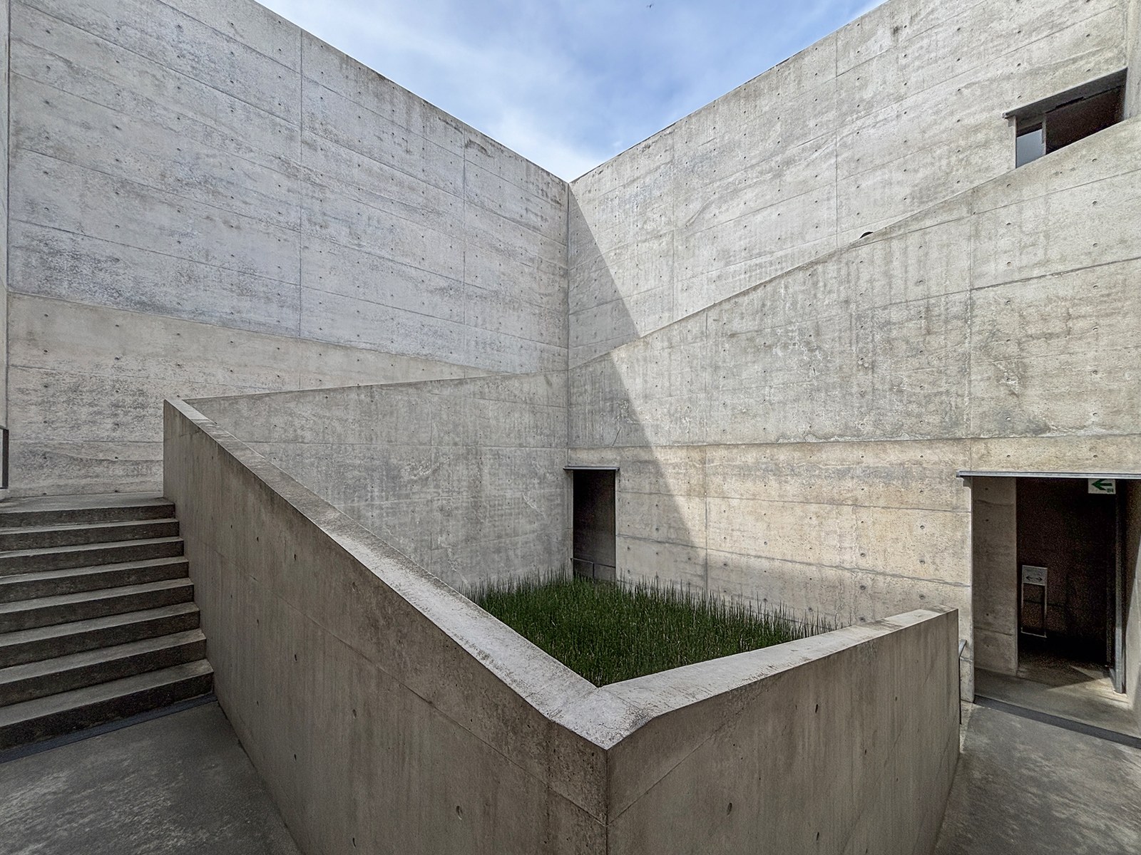 Chichu Art Museum của Tadao Ando, sân trong trồng cỏ đuôi ngựa, tường bê tông trần và bậc thang