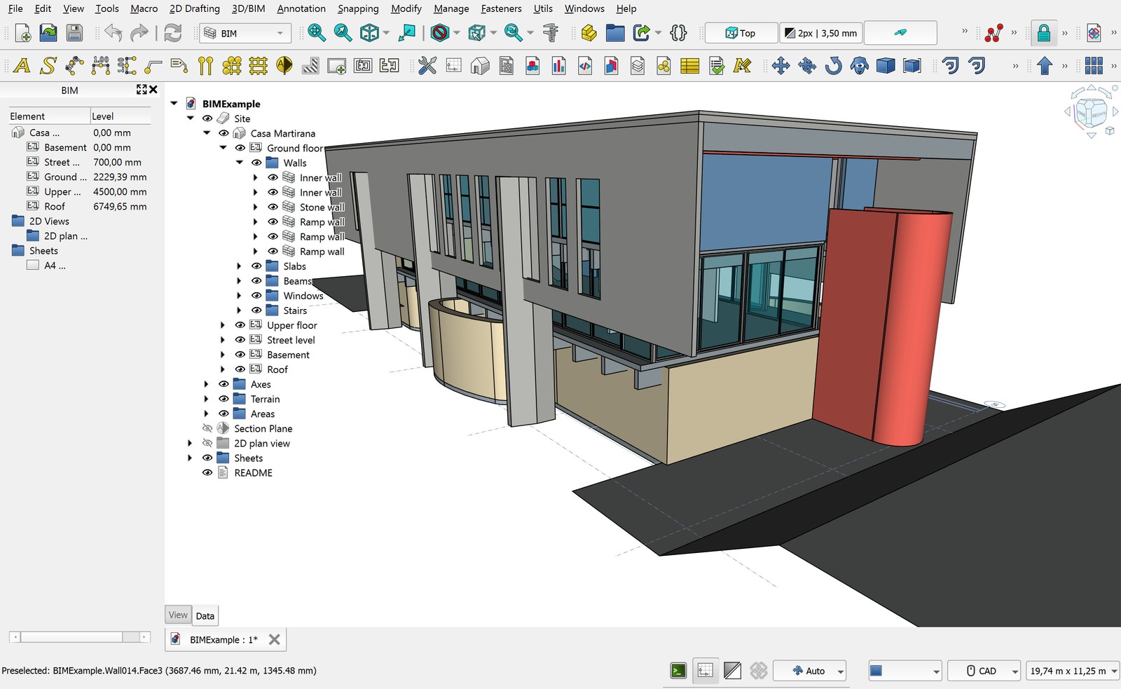 Giao diện phần mềm BIM với cây đối tượng và mô hình nhà