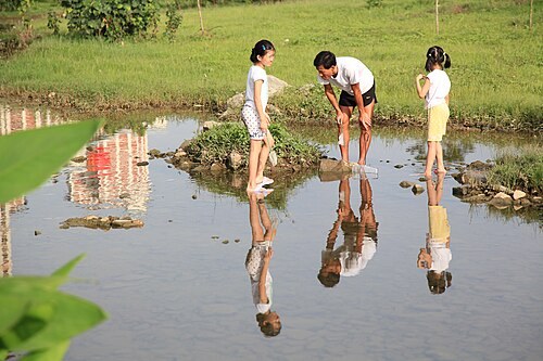 Bishan–Ang Mo Kio Park, Singapore — Ba trẻ em đứng trên cụm đá bước giữa