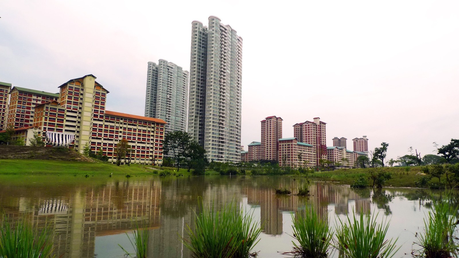 Bishan–Ang Mo Kio Park, Singapore — hồ nước phản chiếu cụm nhà cao tầng và chung cư ven công viên, cỏ xanh viền bờ