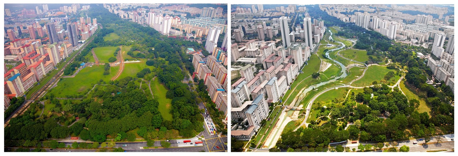 Bishan–Ang Mo Kio Park, Singapore — ảnh ghép trước/sau chụp từ trên cao, nửa trái kênh bê tông thẳng, nửa phải sông uốn khúc bờ cỏ