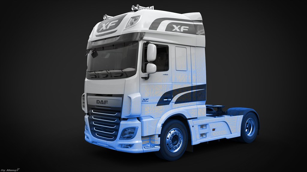 Mô hình 3D một đầu kéo xe tải DAF XF, bề mặt vỏ xe cong nhẵn