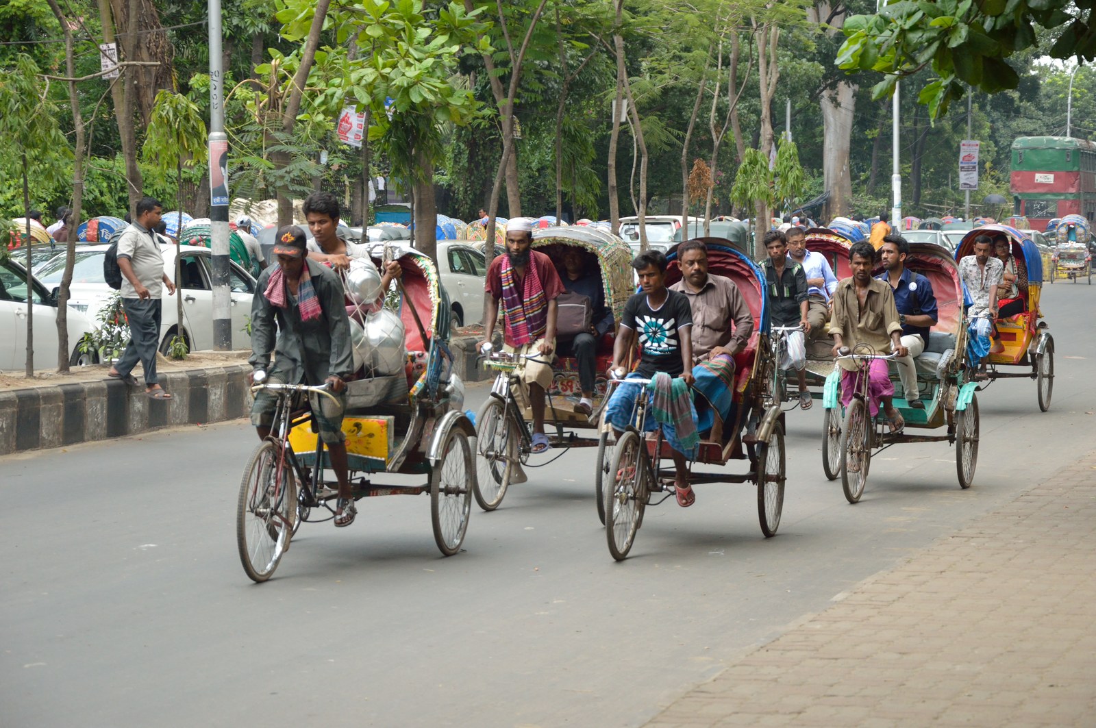 Nhiều xích lô ba bánh chở khách nối nhau trên một đường phố có hàng cây, người đạp xe ngồi phía trước, phía sau là một bãi đậu xích lô đông đúc.