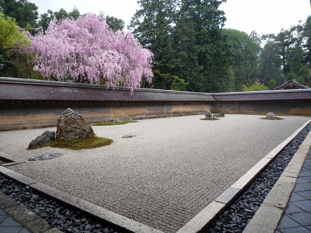 Vườn đá khô Ryōan-ji với các cụm đá đặt lệch trên nền sỏi cào