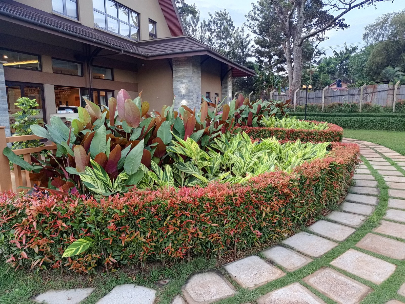 Bồn cây lá màu đỏ nâu cao viền quanh lối đi lát đá trước một toà nhà